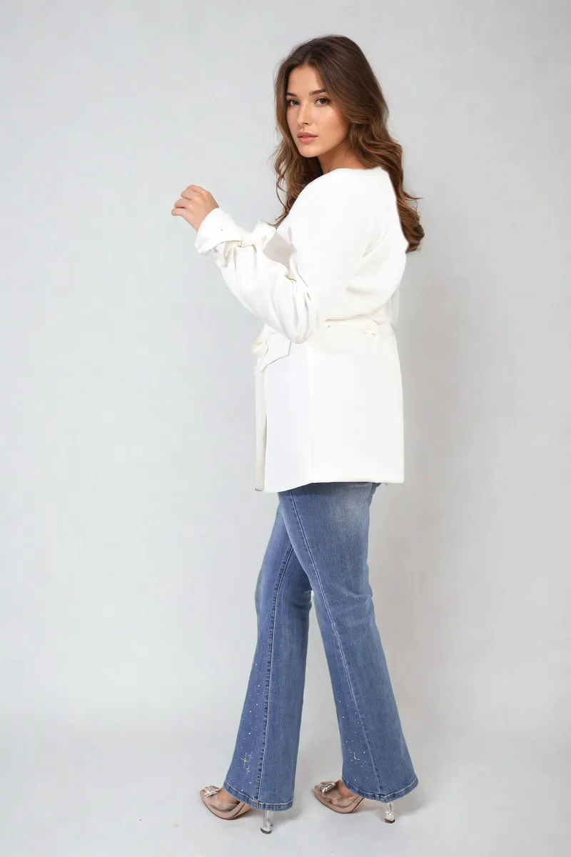 Collared Long Sleeve V-Neck Belted Blazer Jacket