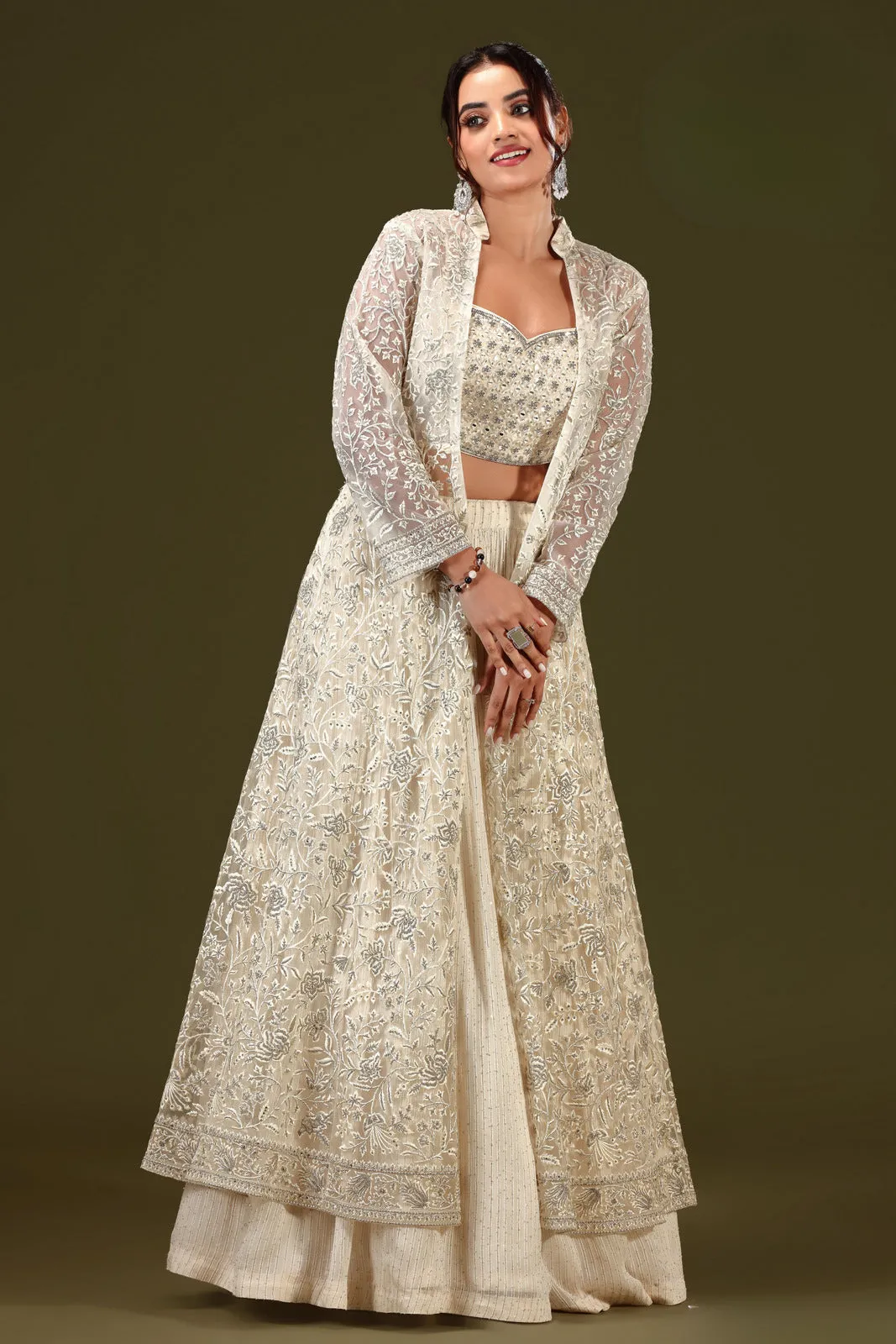 Cream Stone, Mirror and Embroidery work Long Overcoat Styled Crop Top Lehenga