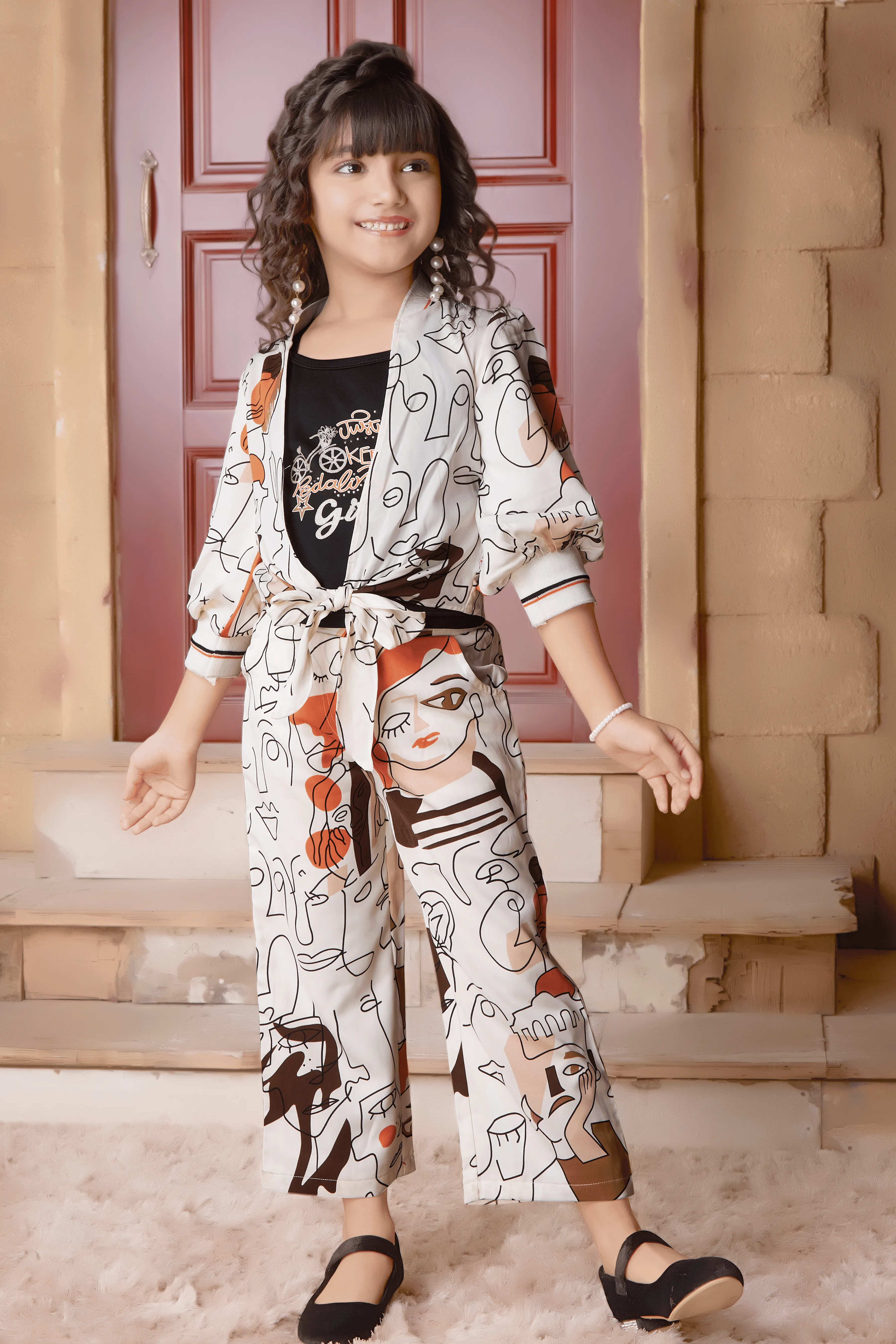 Cream with Multicolor Print Overcoat Styled Palazzo Set for Girls