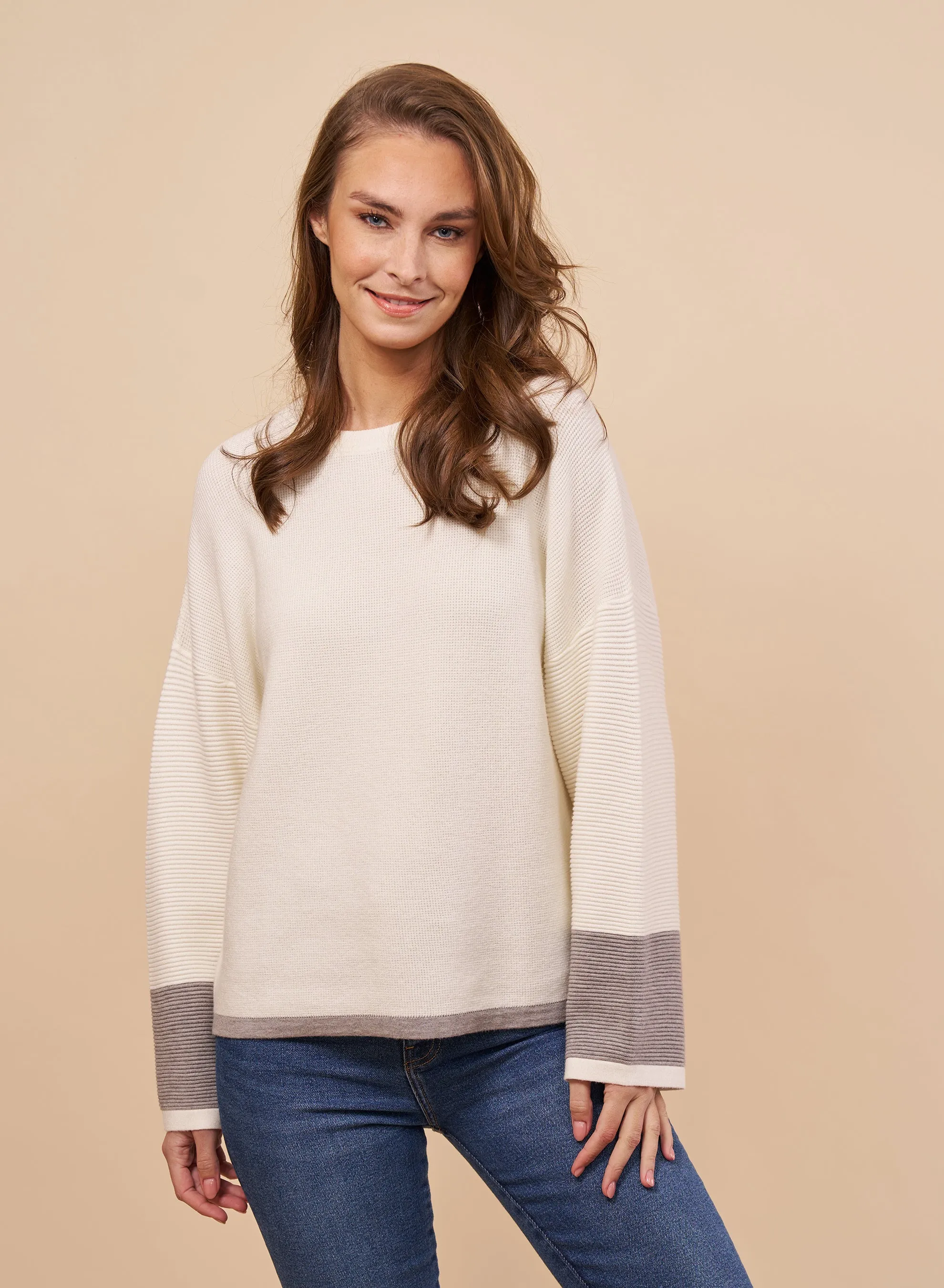 Crew Neck Sweater with Contrast Cuff by Red Haute