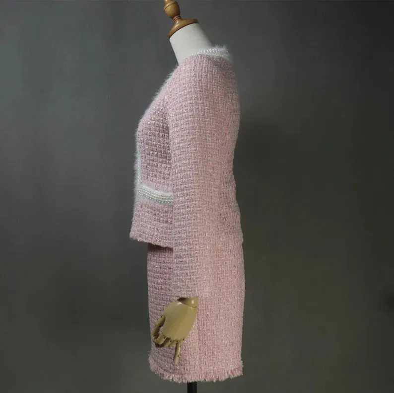 Custom Women's Suit Tweed Pearl Faux Fur Trim Jacket   Dress  Pink Suit