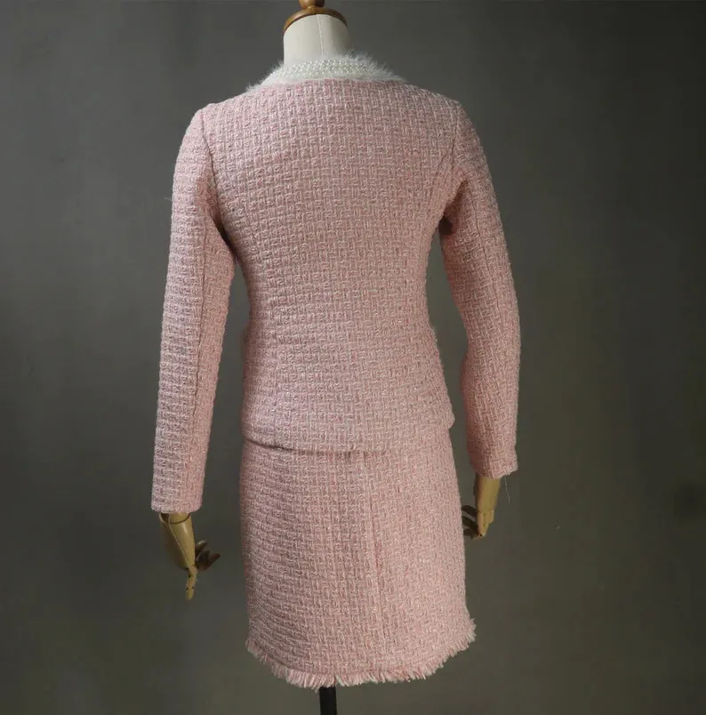 Custom Women's Suit Tweed Pearl Faux Fur Trim Jacket   Dress  Pink Suit