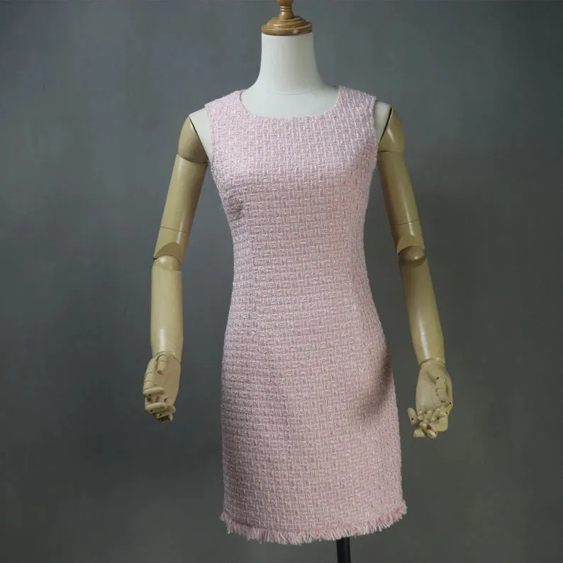 Custom Women's Suit Tweed Pearl Faux Fur Trim Jacket   Dress  Pink Suit