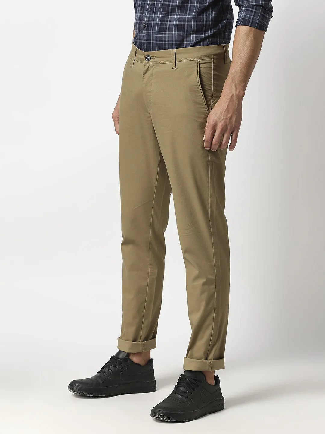 Dark Khaki Slim Tapered Cotton Dobby Lycra Trouser