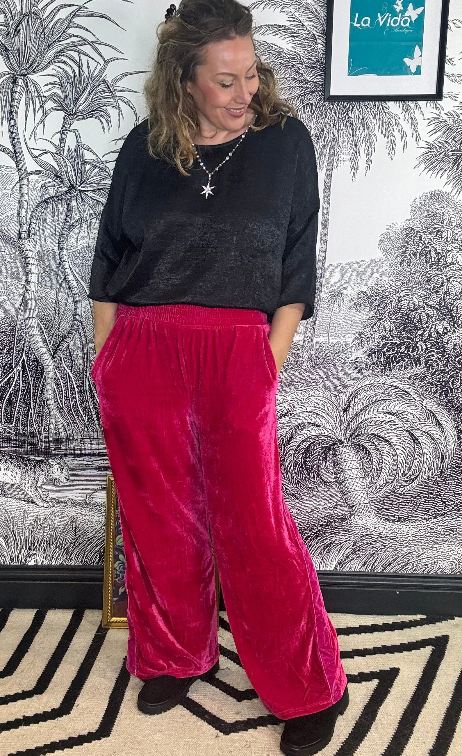 Diana Velvet Stripe Wide Leg Trousers in Pink