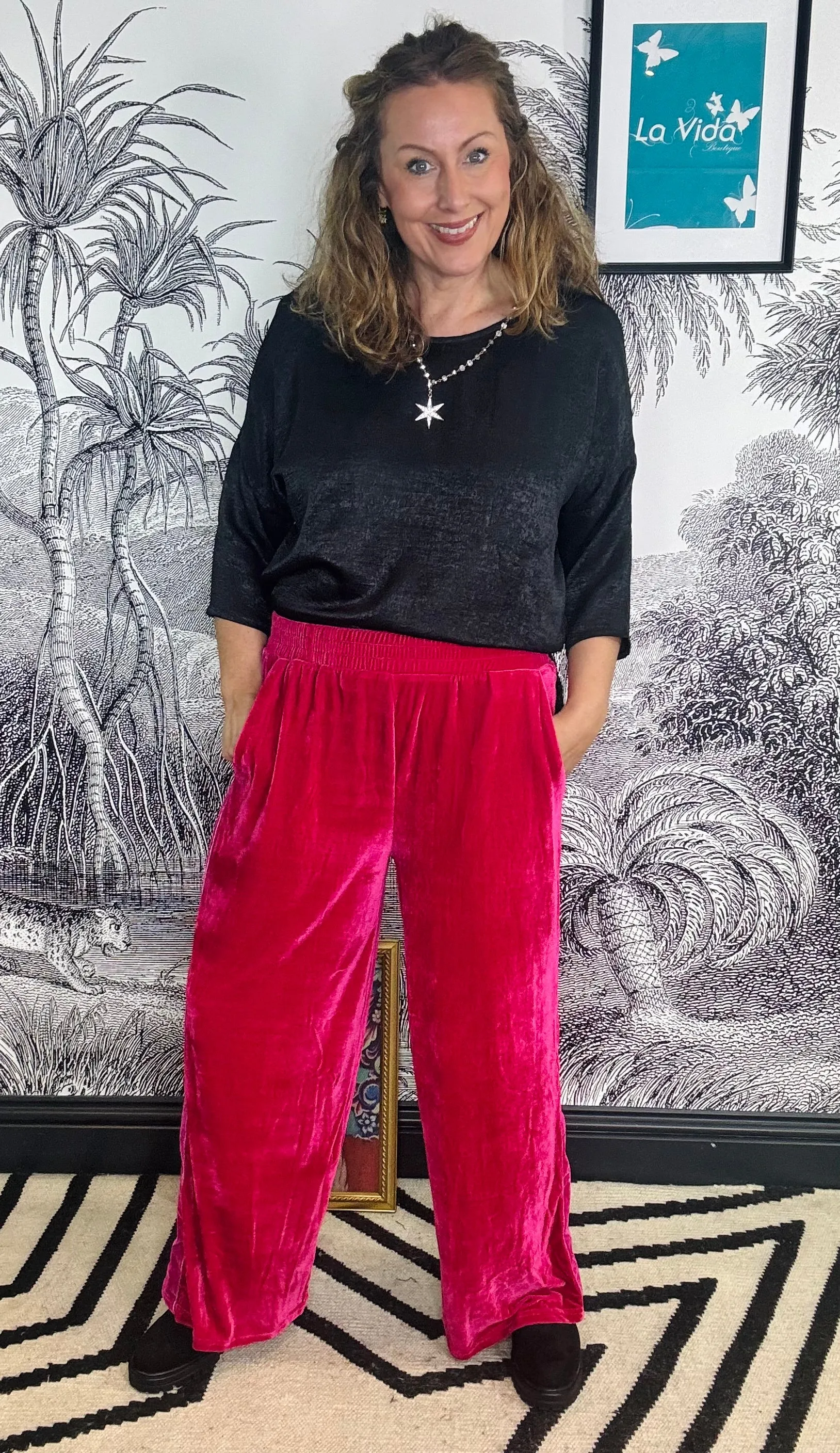 Diana Velvet Stripe Wide Leg Trousers in Pink