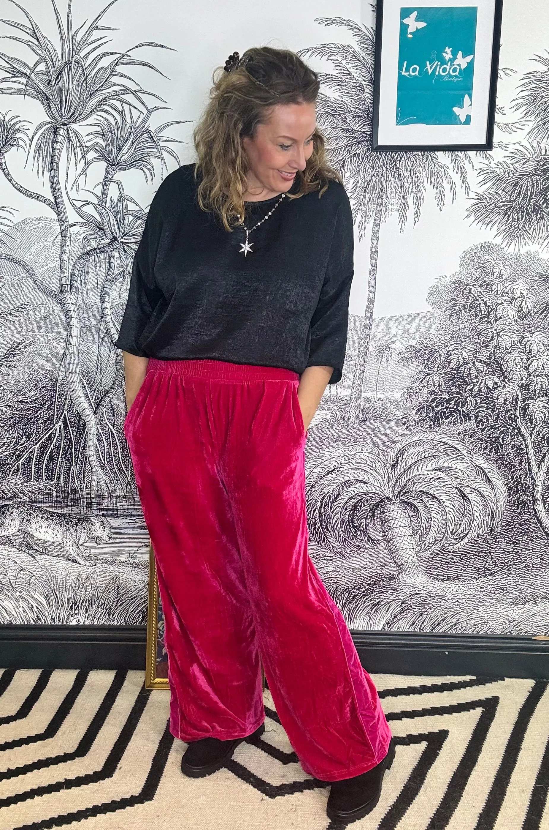 Diana Velvet Stripe Wide Leg Trousers in Pink