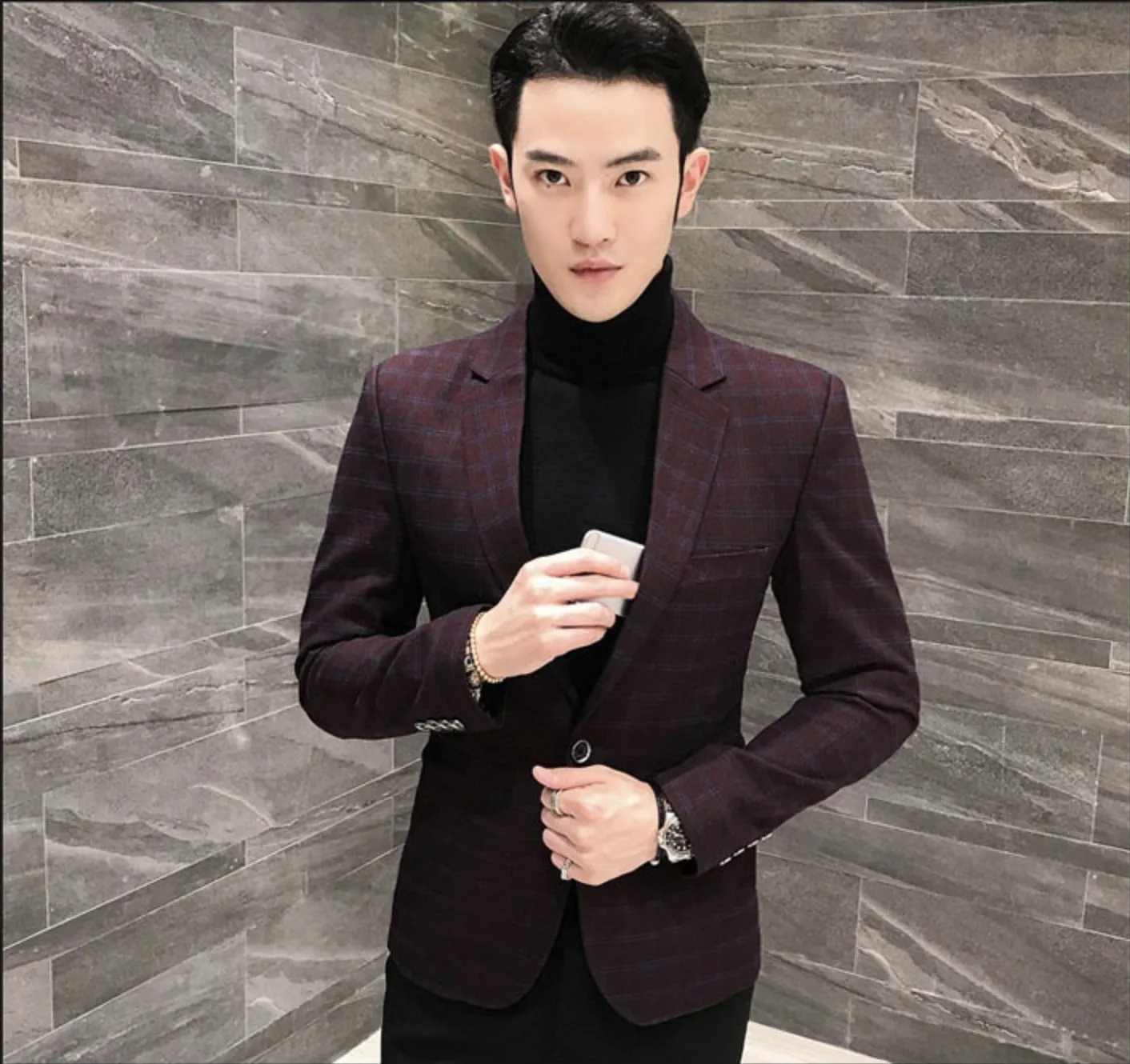 Elegant British Plaid Style Slim Fit Men Blazer