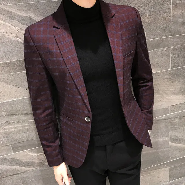 Elegant British Plaid Style Slim Fit Men Blazer