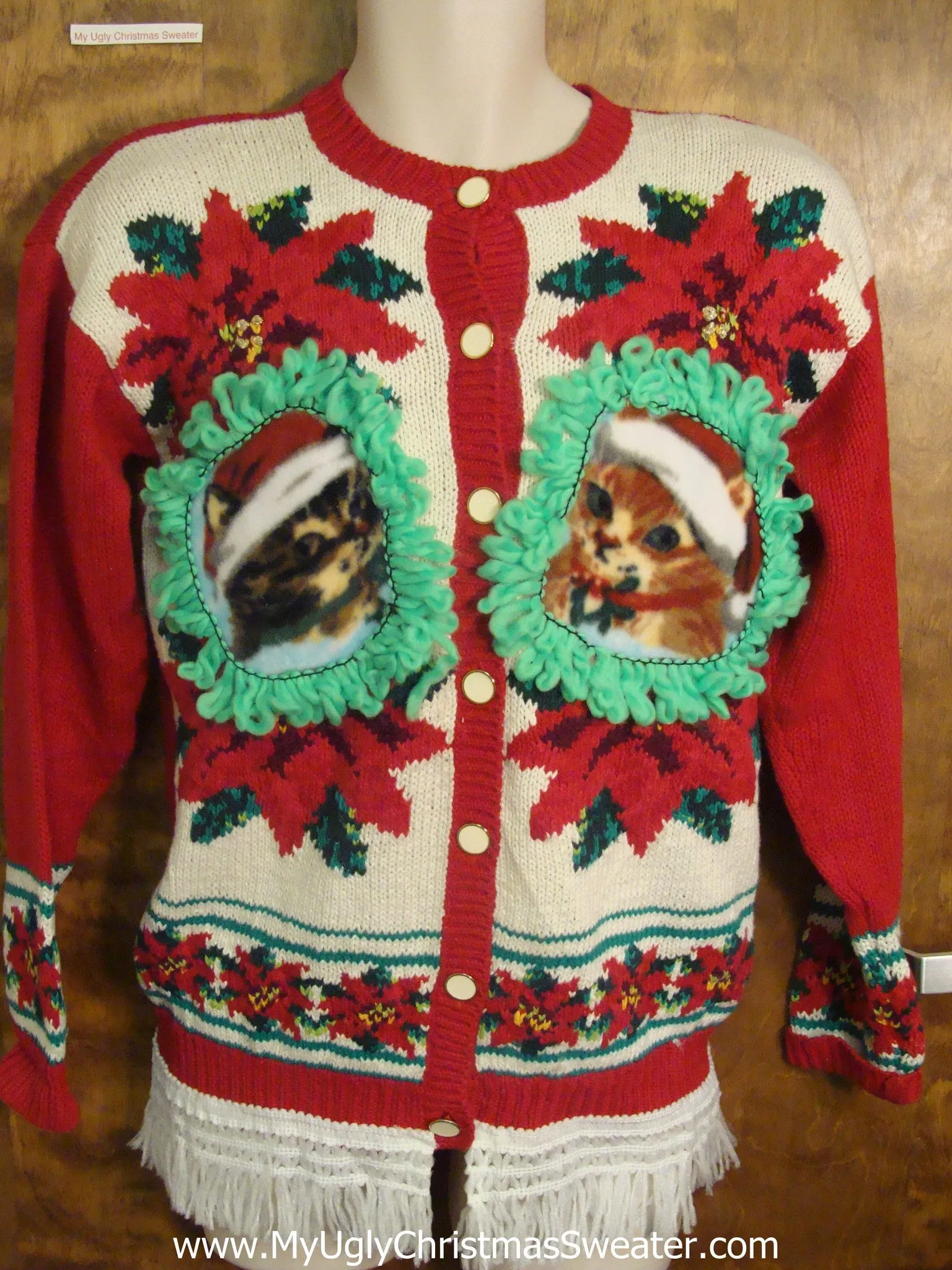 Festive Poinsettia with Kitten Accents Ugly Christmas Sweater