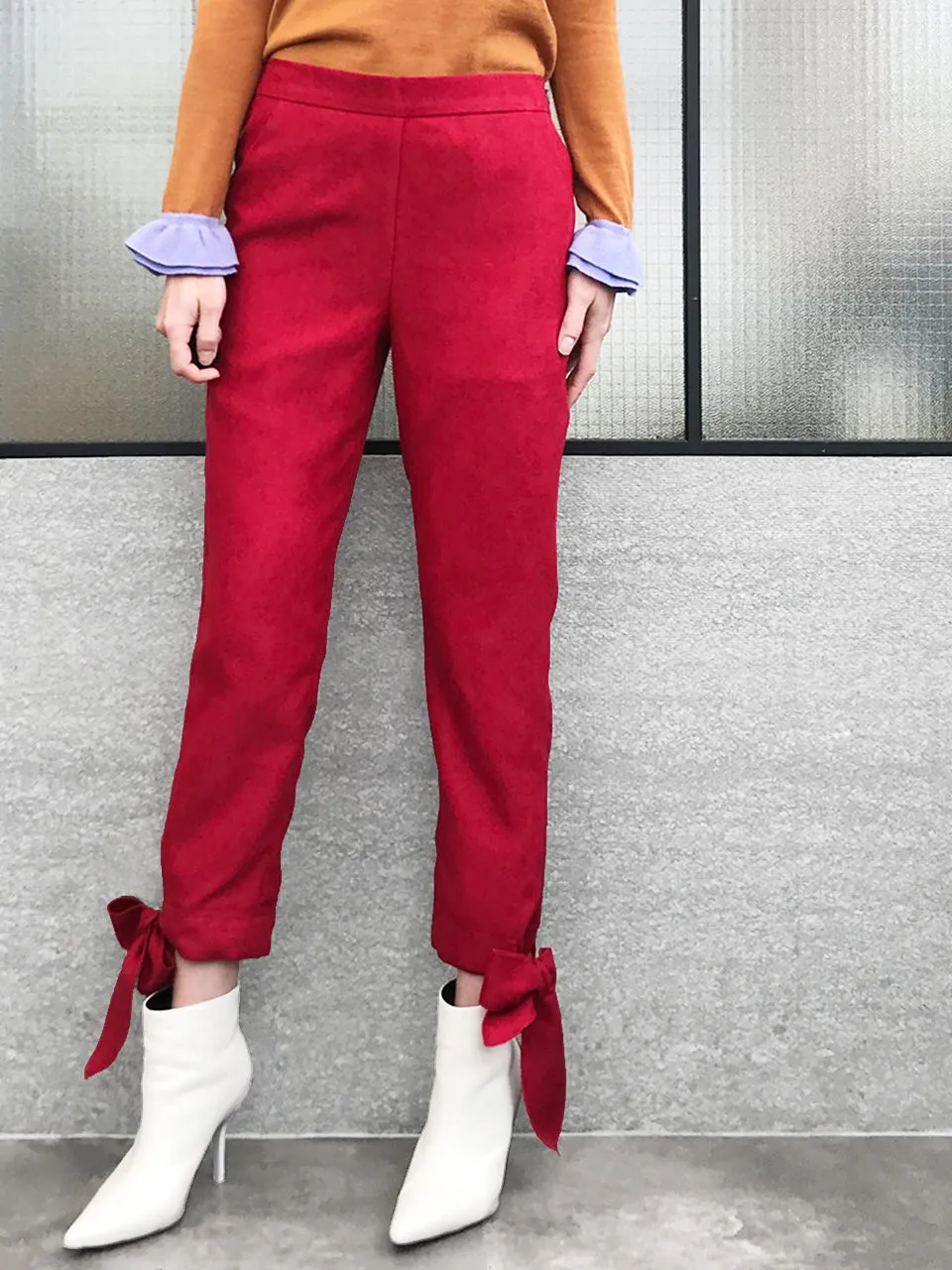 Final Sale! Red Tie Bow Detail Stretch Ankle Trousers