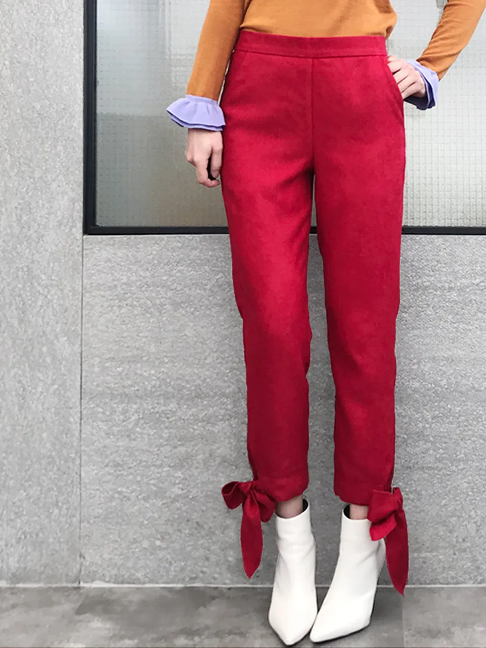 Final Sale! Red Tie Bow Detail Stretch Ankle Trousers