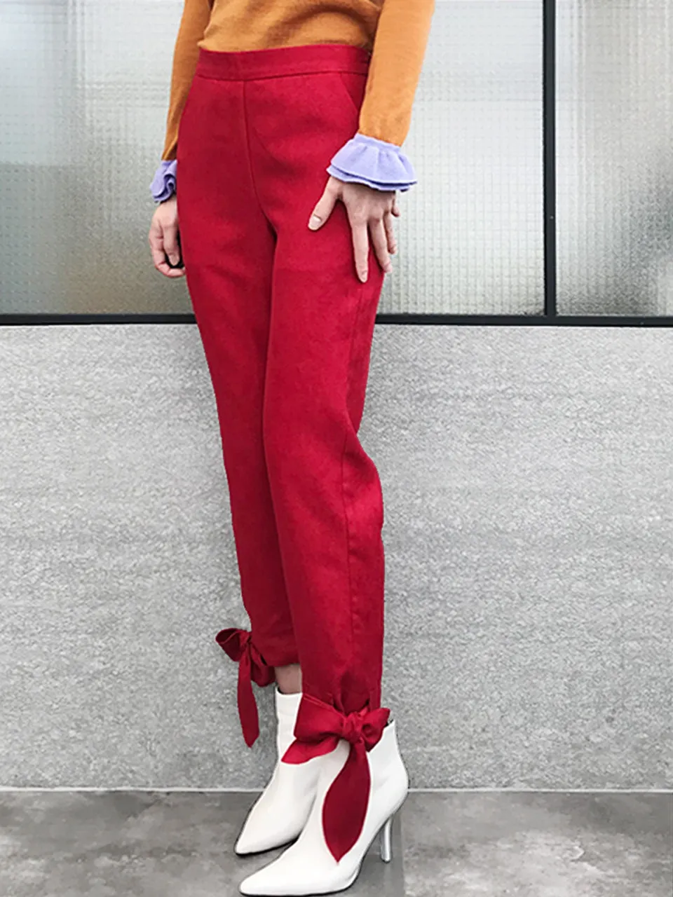 Final Sale! Red Tie Bow Detail Stretch Ankle Trousers