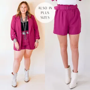 Fine Like Wine Belted Solid Shorts in Magenta