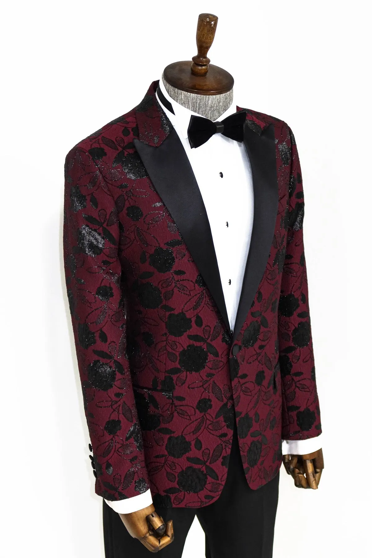 Floral Patterned Burgundy Men Dinner Jacket - Wessi