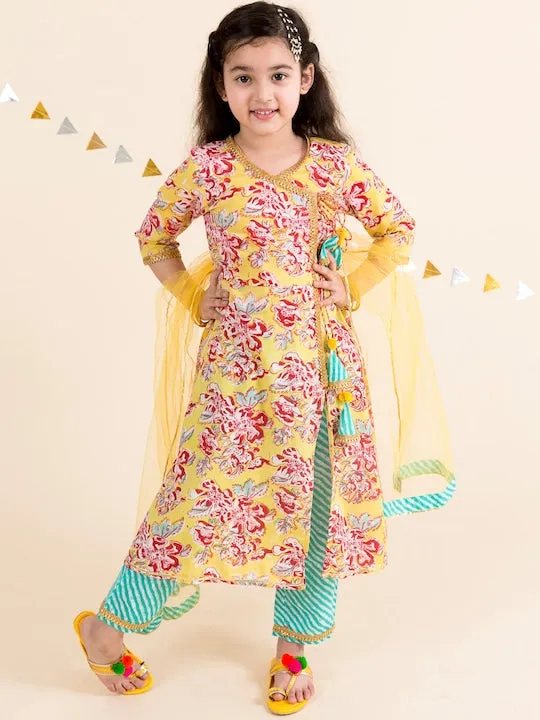 Girls Yellow Floral Printed Angrakha Pure Cotton Kurta With Trousers With Dupatta - Ps Peaches