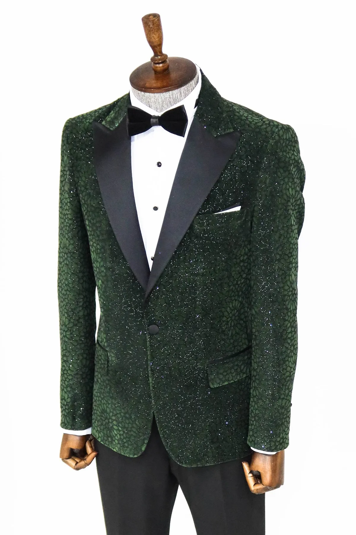 Glitter Floral Patterned Dark Green Men Dinner Jacket - Wessi