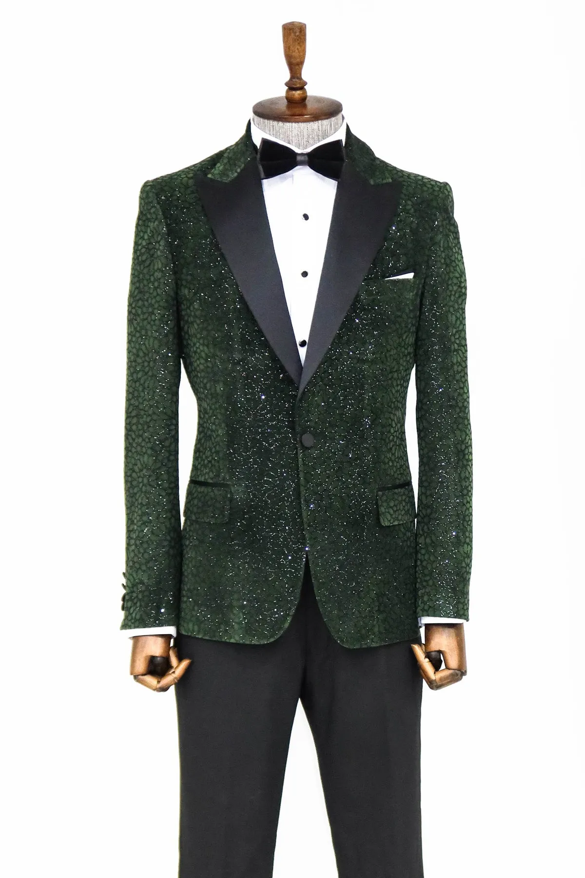 Glitter Floral Patterned Dark Green Men Dinner Jacket - Wessi