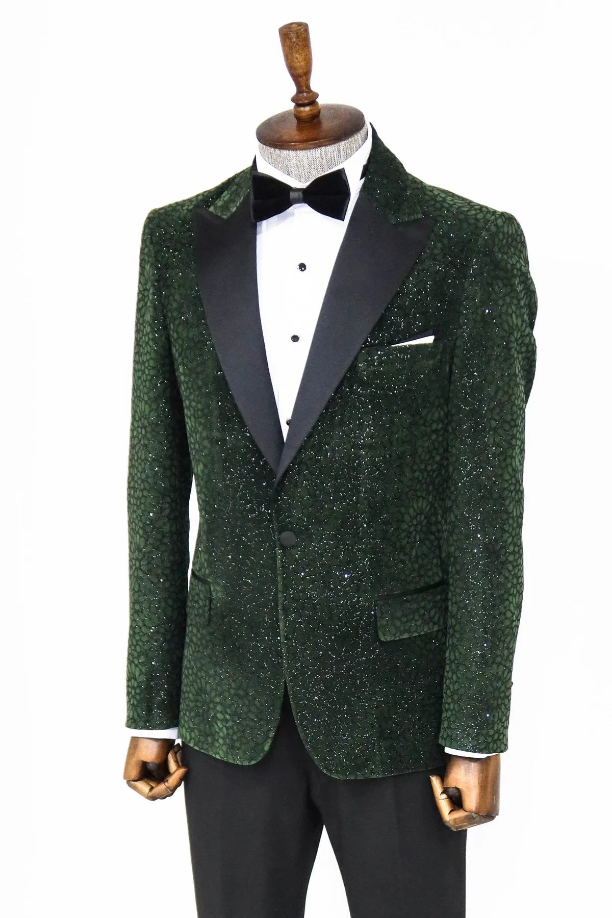 Glitter Floral Patterned Dark Green Men Dinner Jacket - Wessi