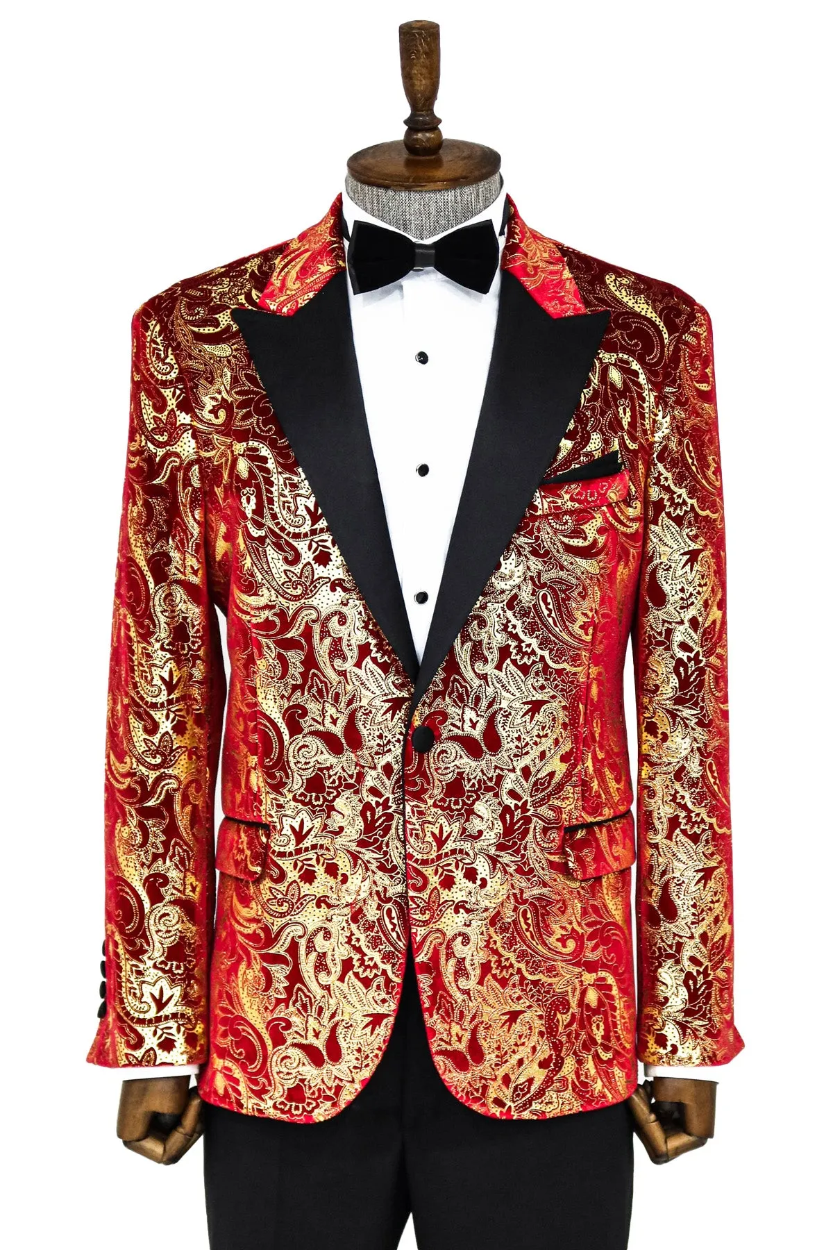 Gold Patterned Over Red Men Stage Tuxedo Blazer - Wessi