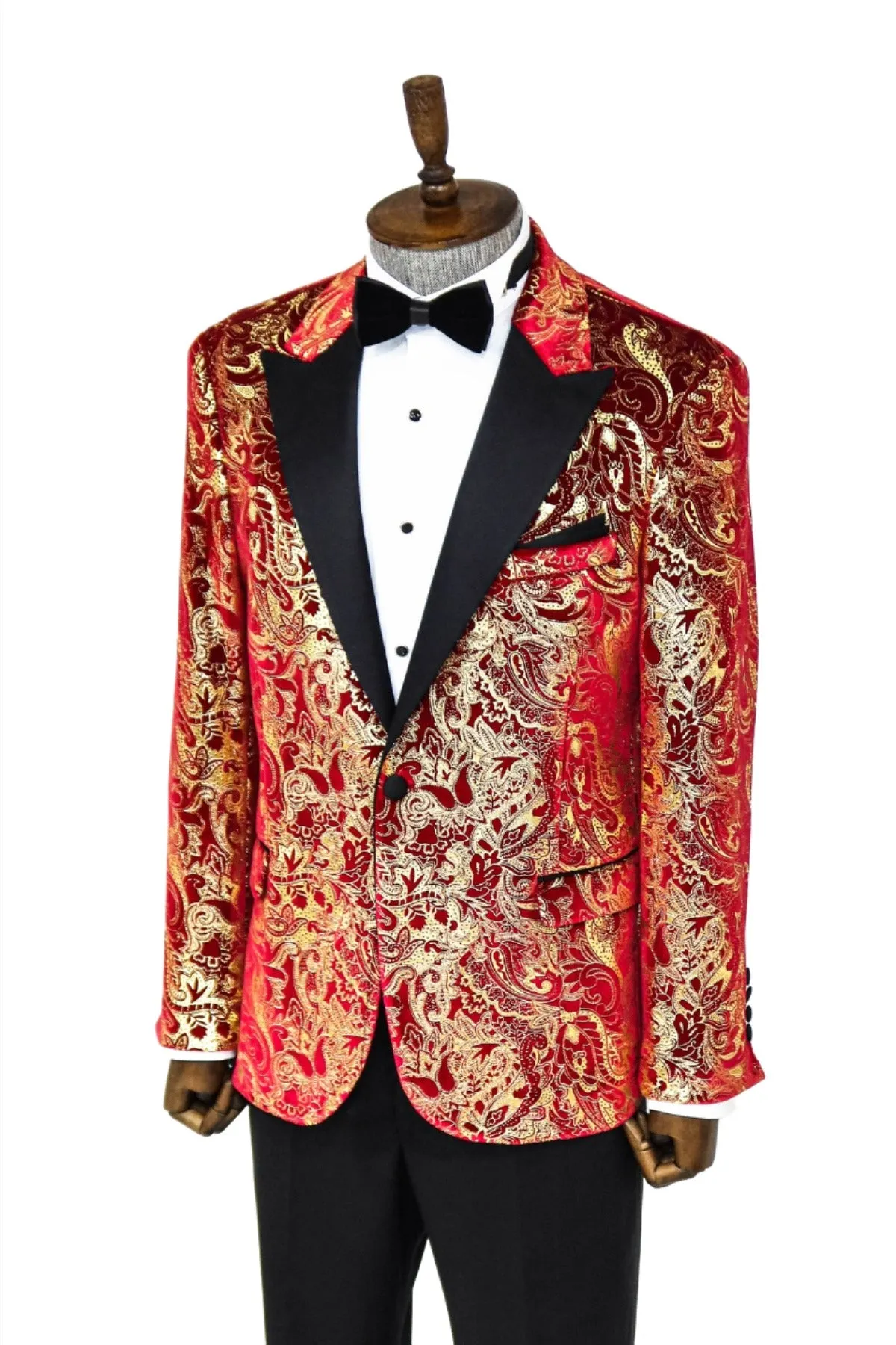 Gold Patterned Over Red Men Stage Tuxedo Blazer - Wessi