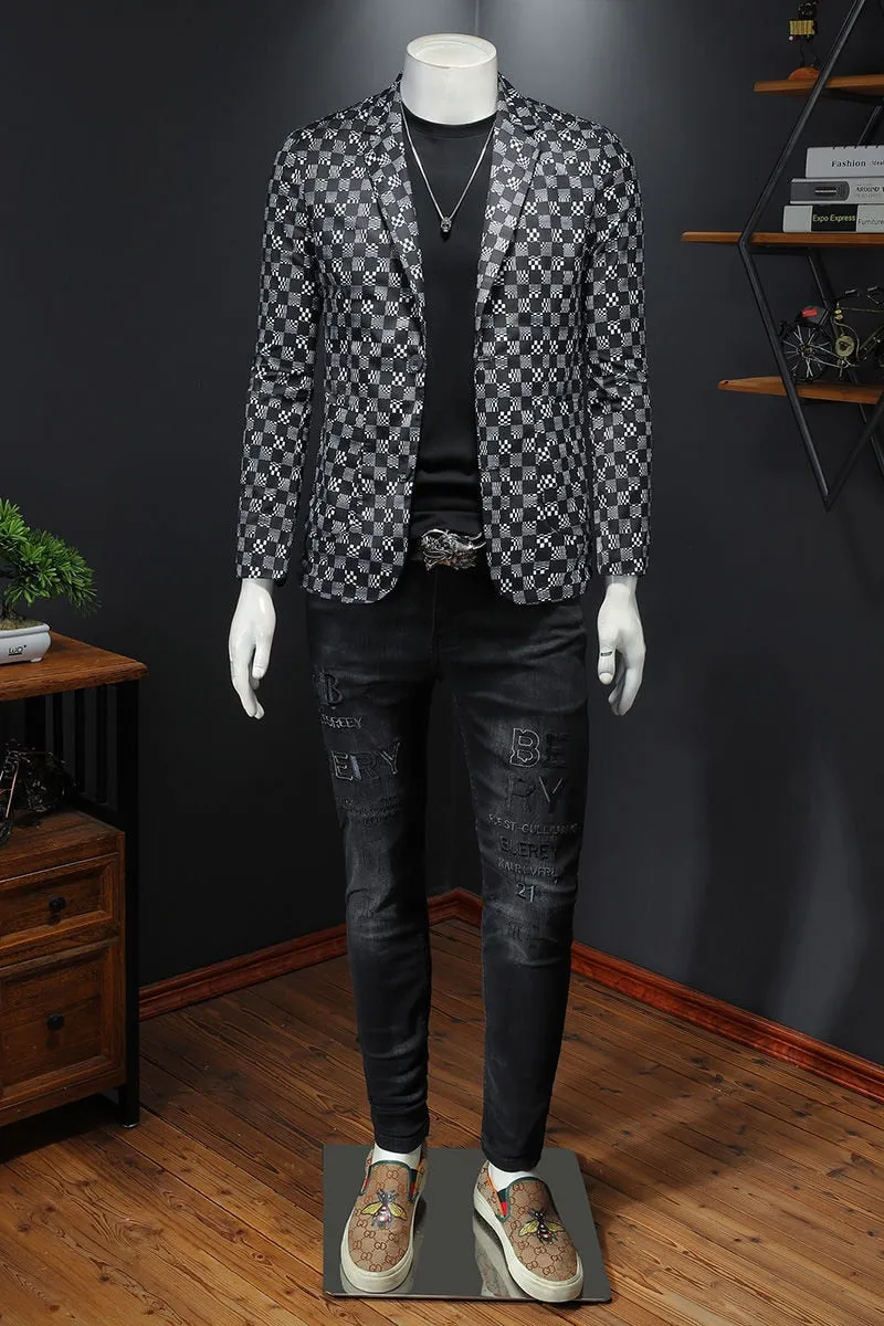 Grey Checkered Technology Plaid Printing Blazer