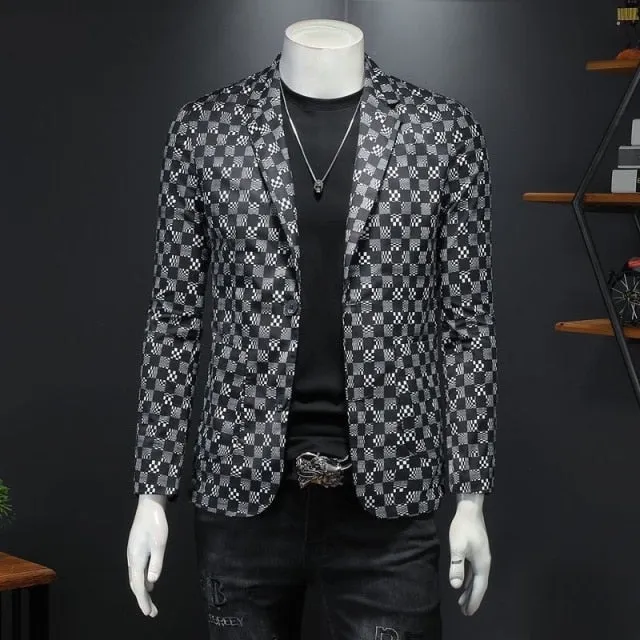 Grey Checkered Technology Plaid Printing Blazer