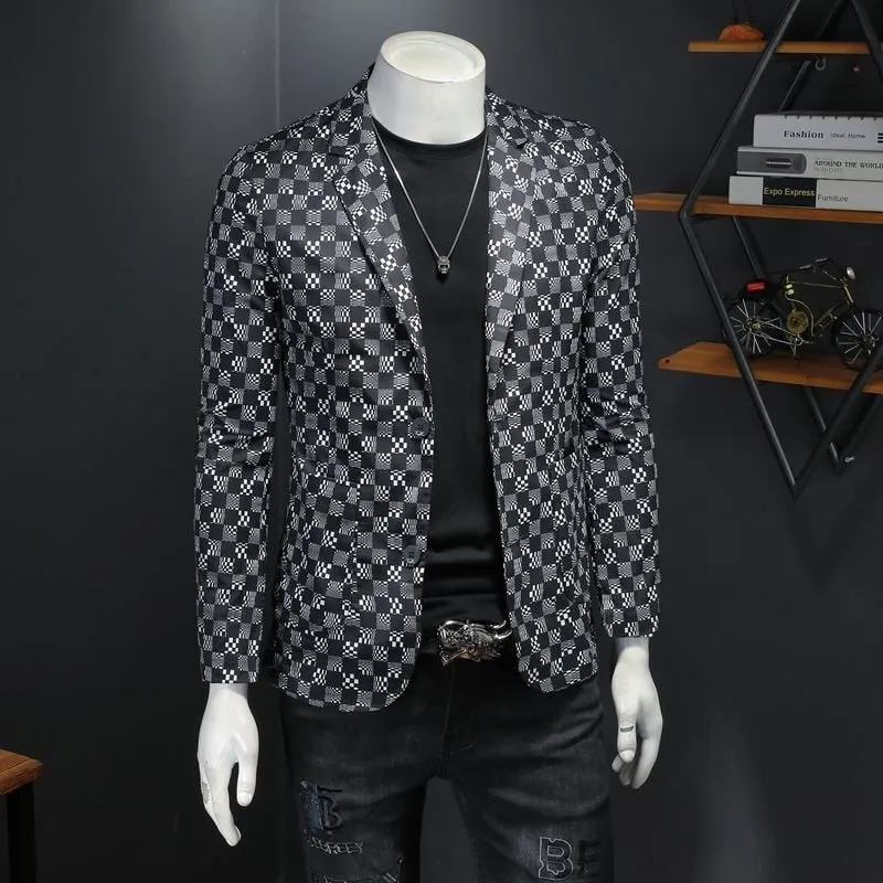 Grey Checkered Technology Plaid Printing Blazer