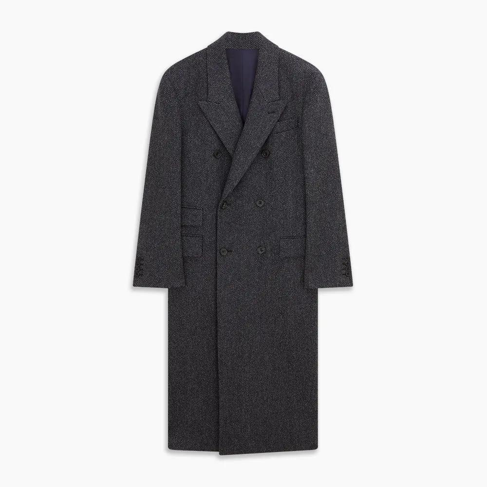 Grey Herringbone Wool Double Breasted Highgrove Overcoat