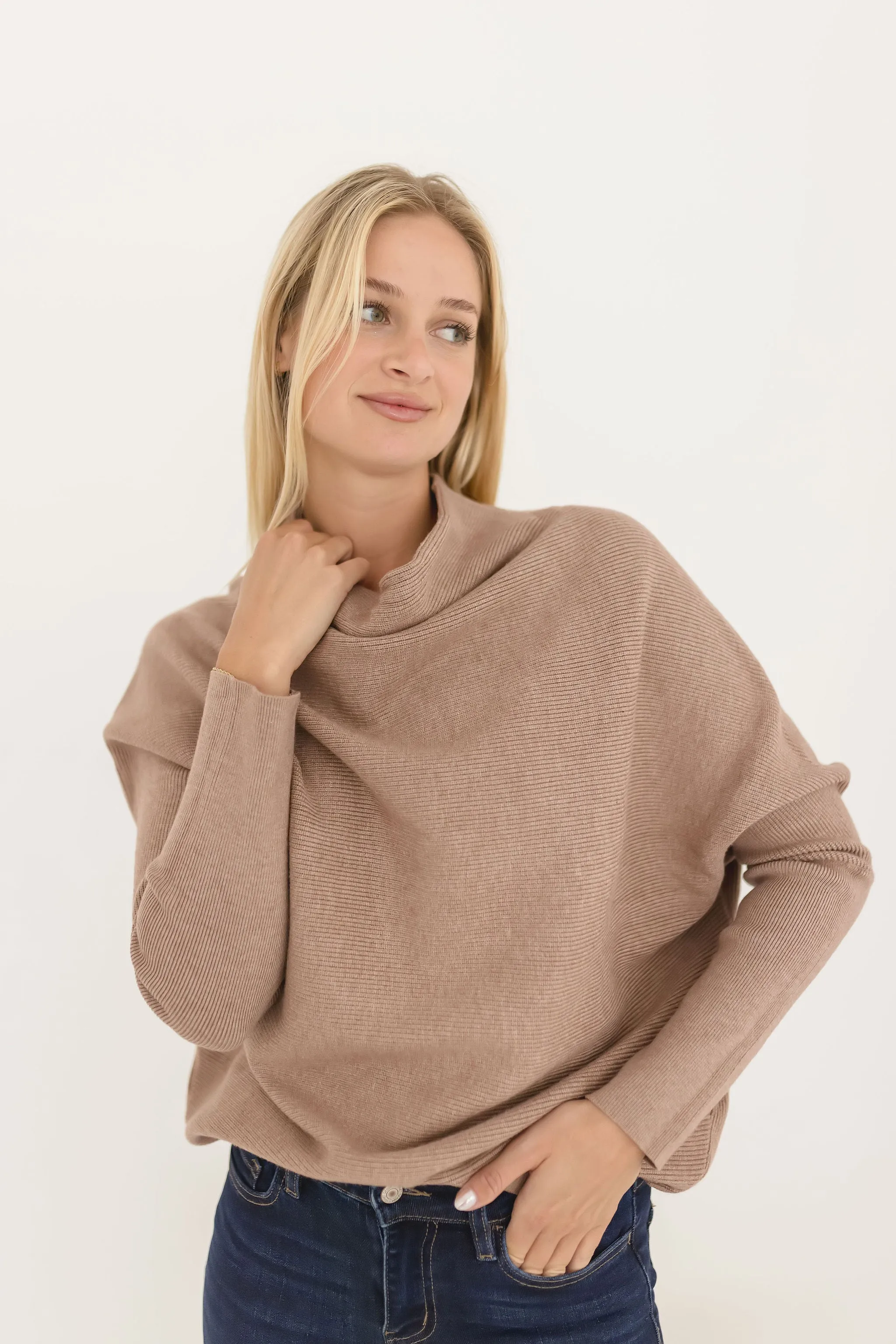 Gwen Long Sleeve Slouched Funnel Neck Sweater Mocha