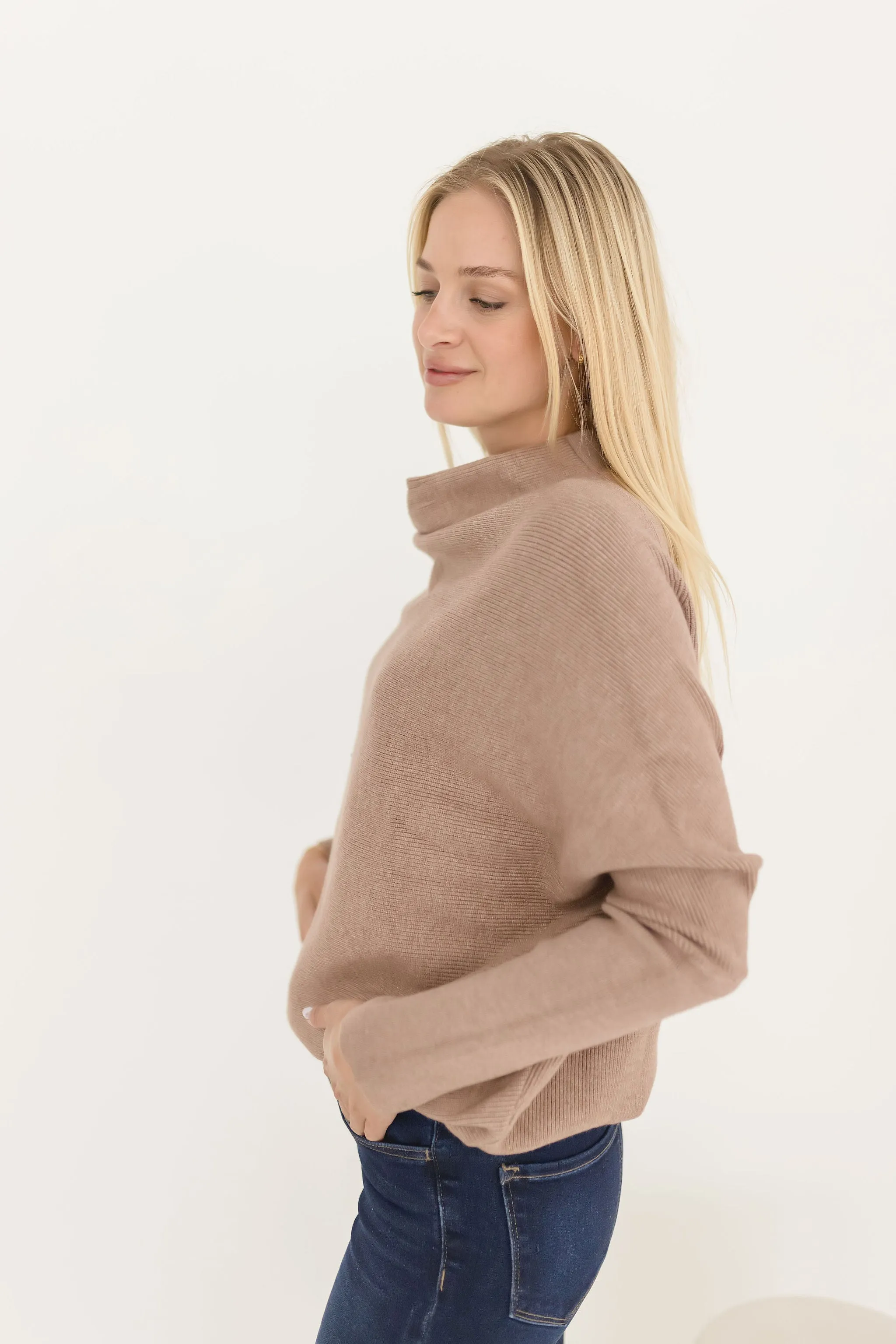 Gwen Long Sleeve Slouched Funnel Neck Sweater Mocha