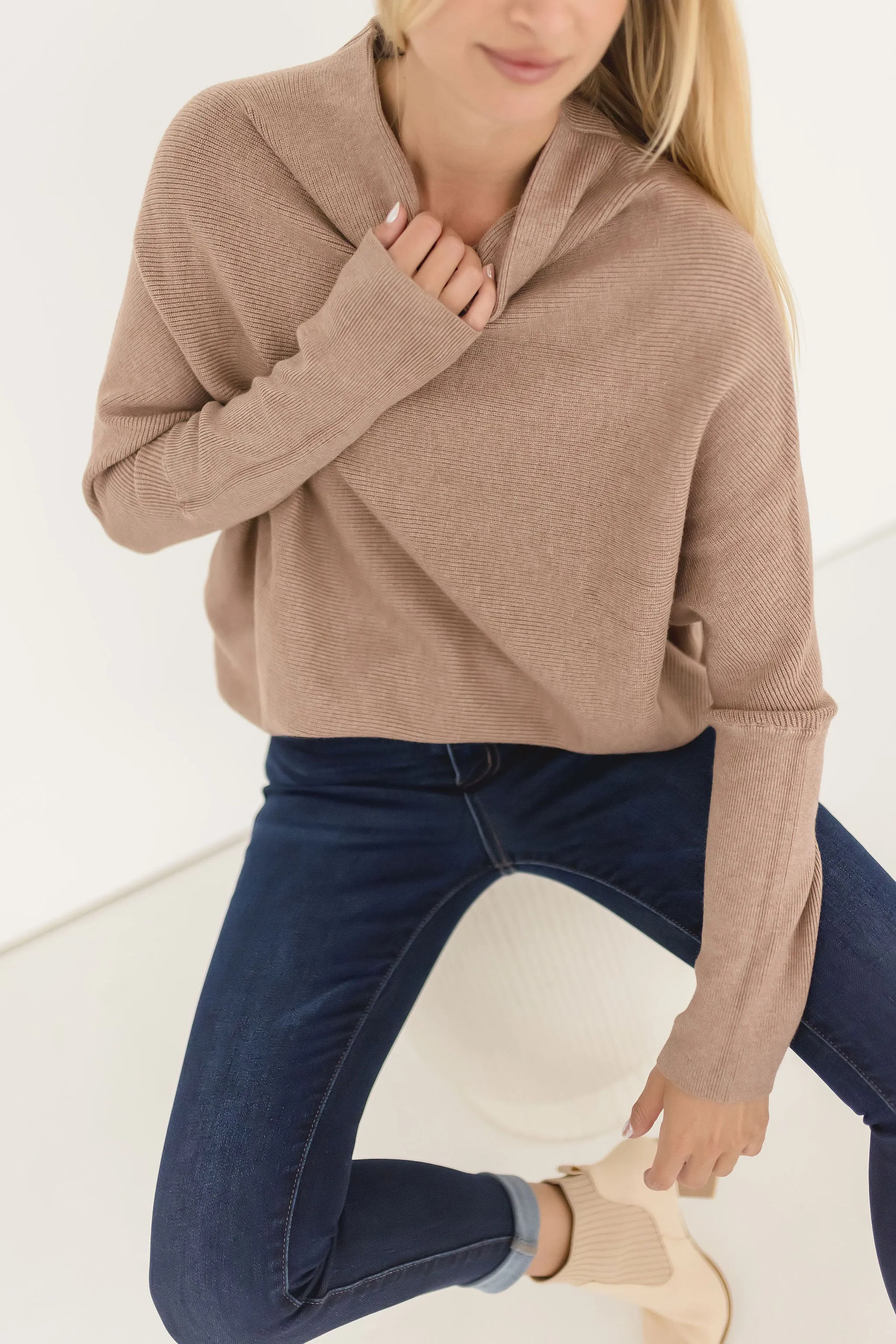 Gwen Long Sleeve Slouched Funnel Neck Sweater Mocha