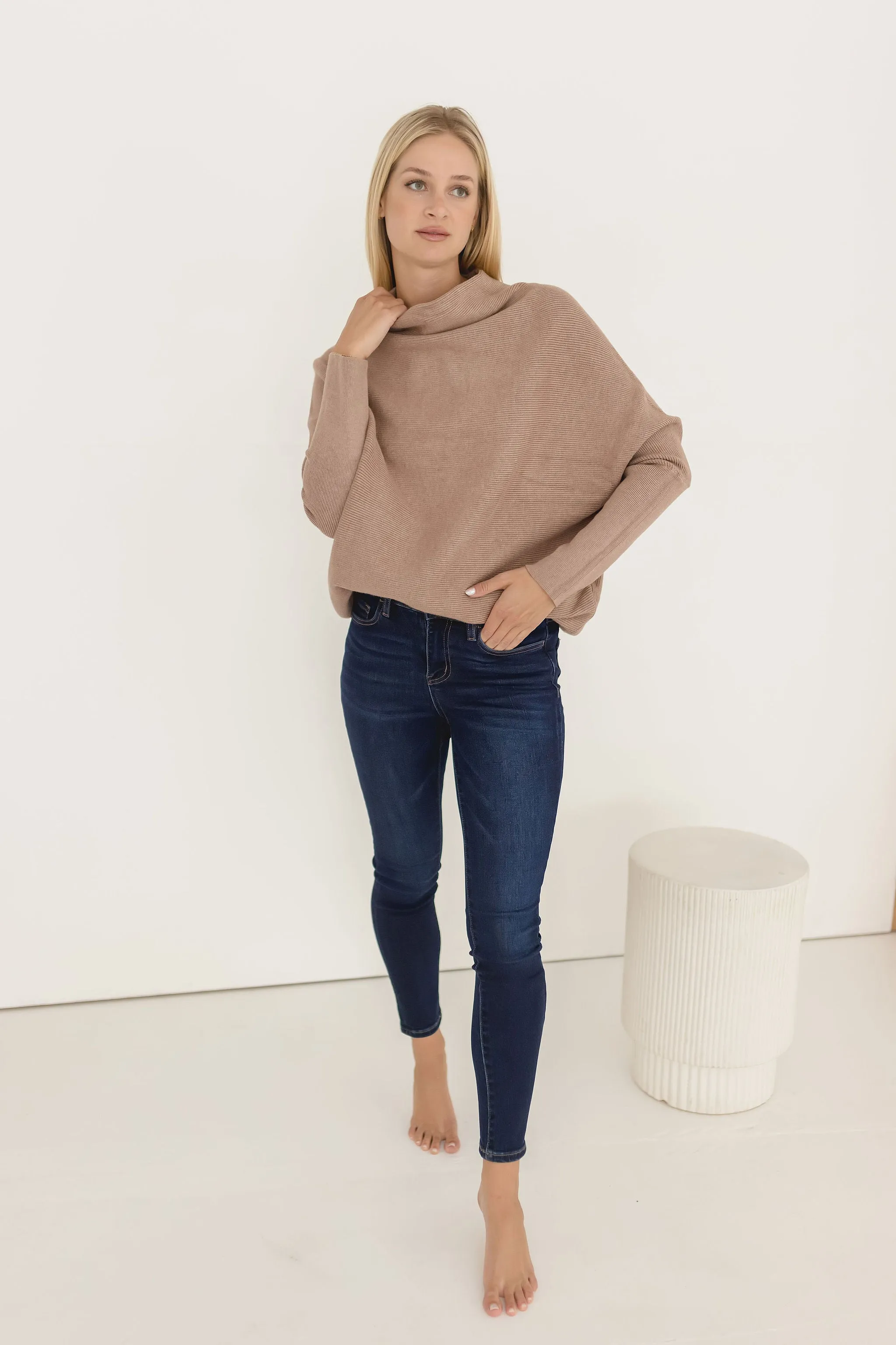 Gwen Long Sleeve Slouched Funnel Neck Sweater Mocha