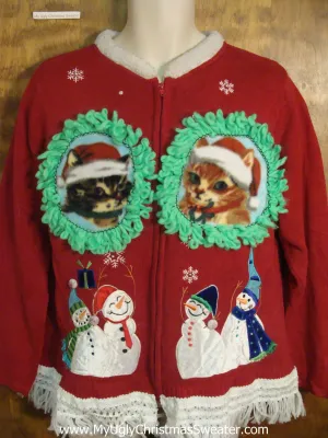 Happy Snowmen Friends with Kittens Ugly Christmas Sweater