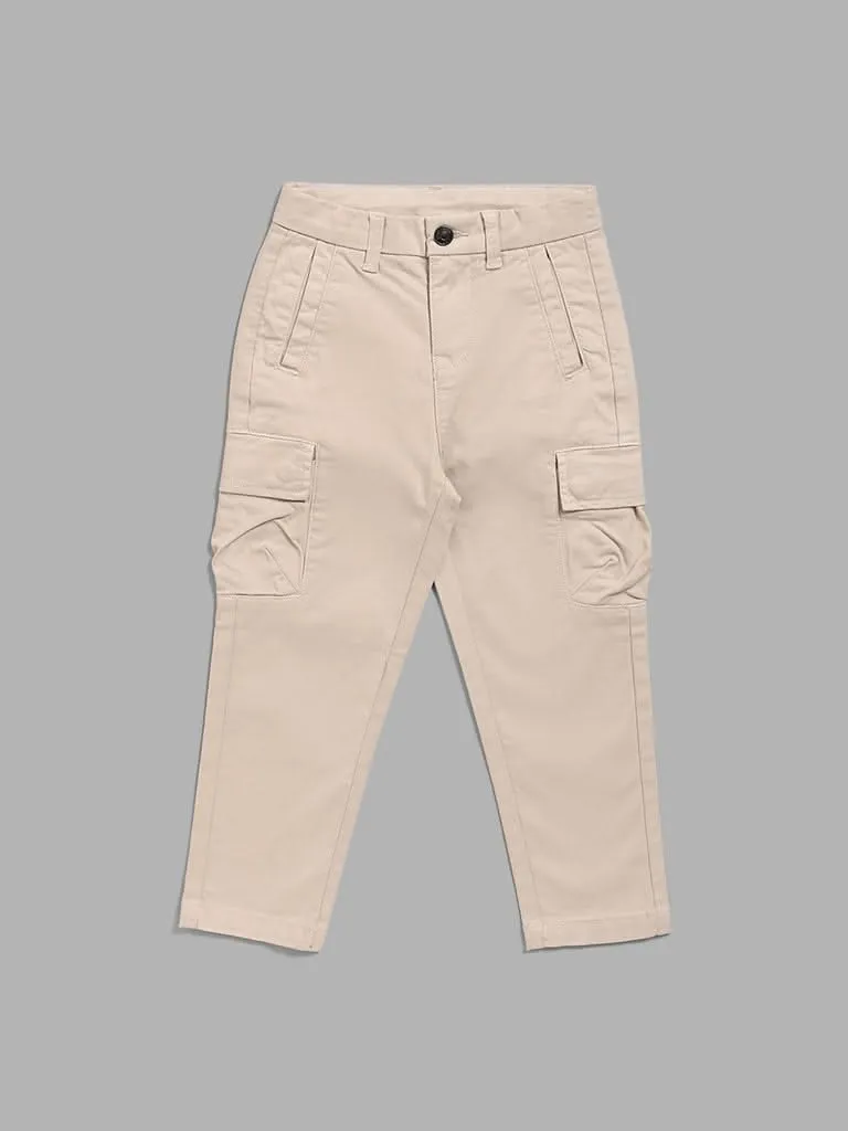 HOP Kids Solid Light Beige Cargo Trousers