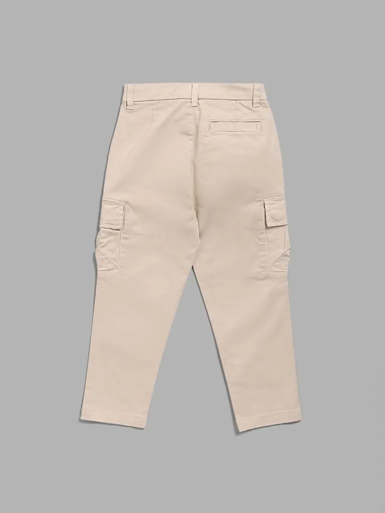 HOP Kids Solid Light Beige Cargo Trousers