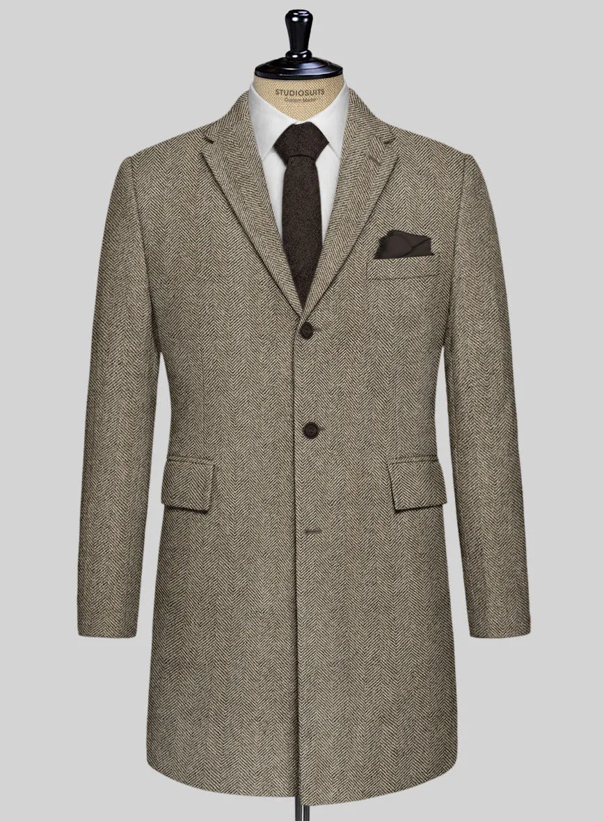 Italian Highlander Stone Beige Herringbone Tweed Overcoat