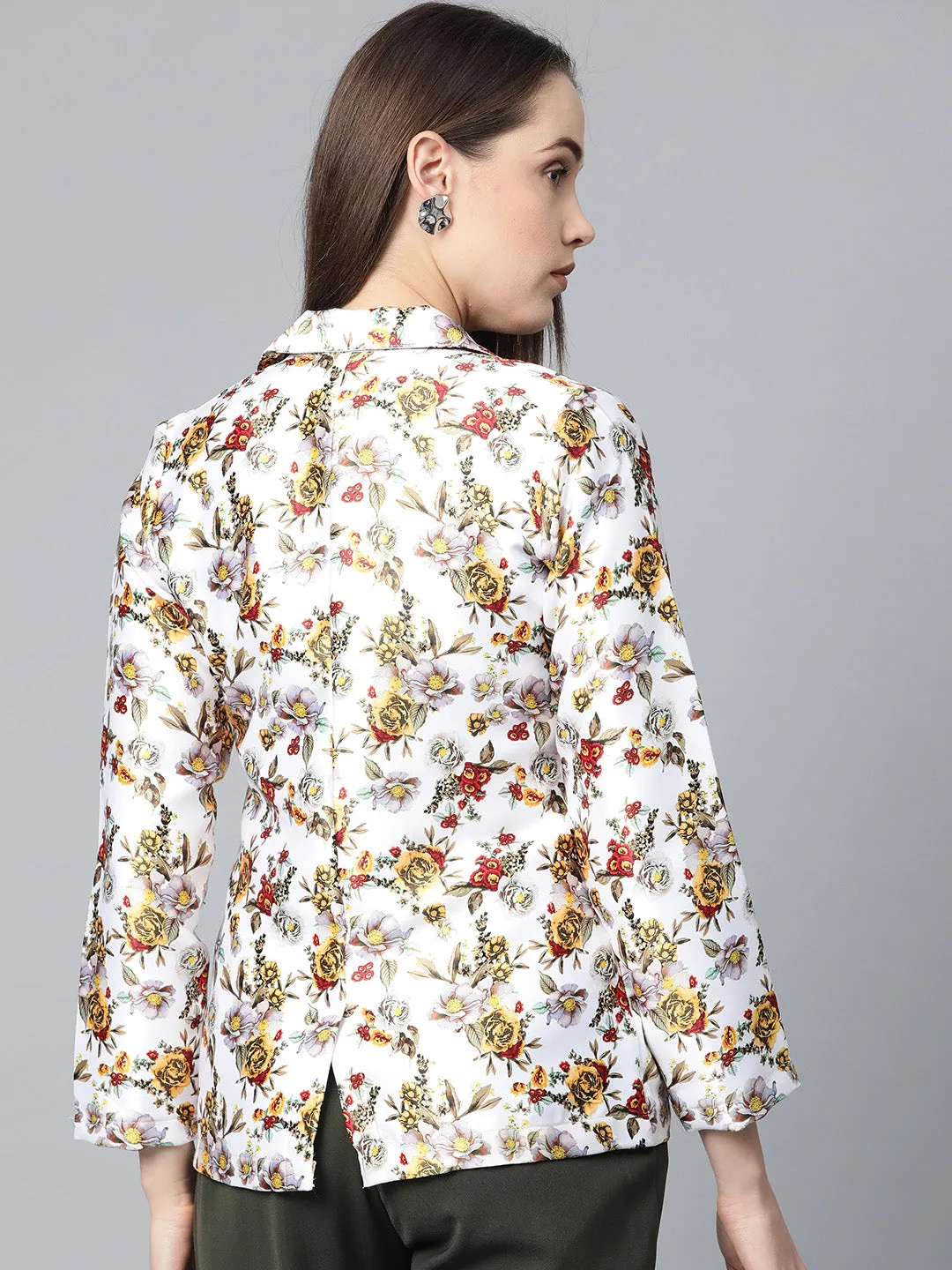 Jashvi Women White & Yellow Satin Finish Floral Print Single-Breasted Blazer