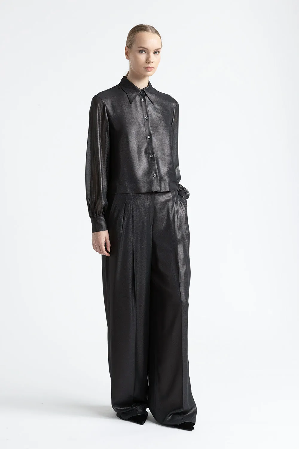 Laminated georgette palazzo trousers