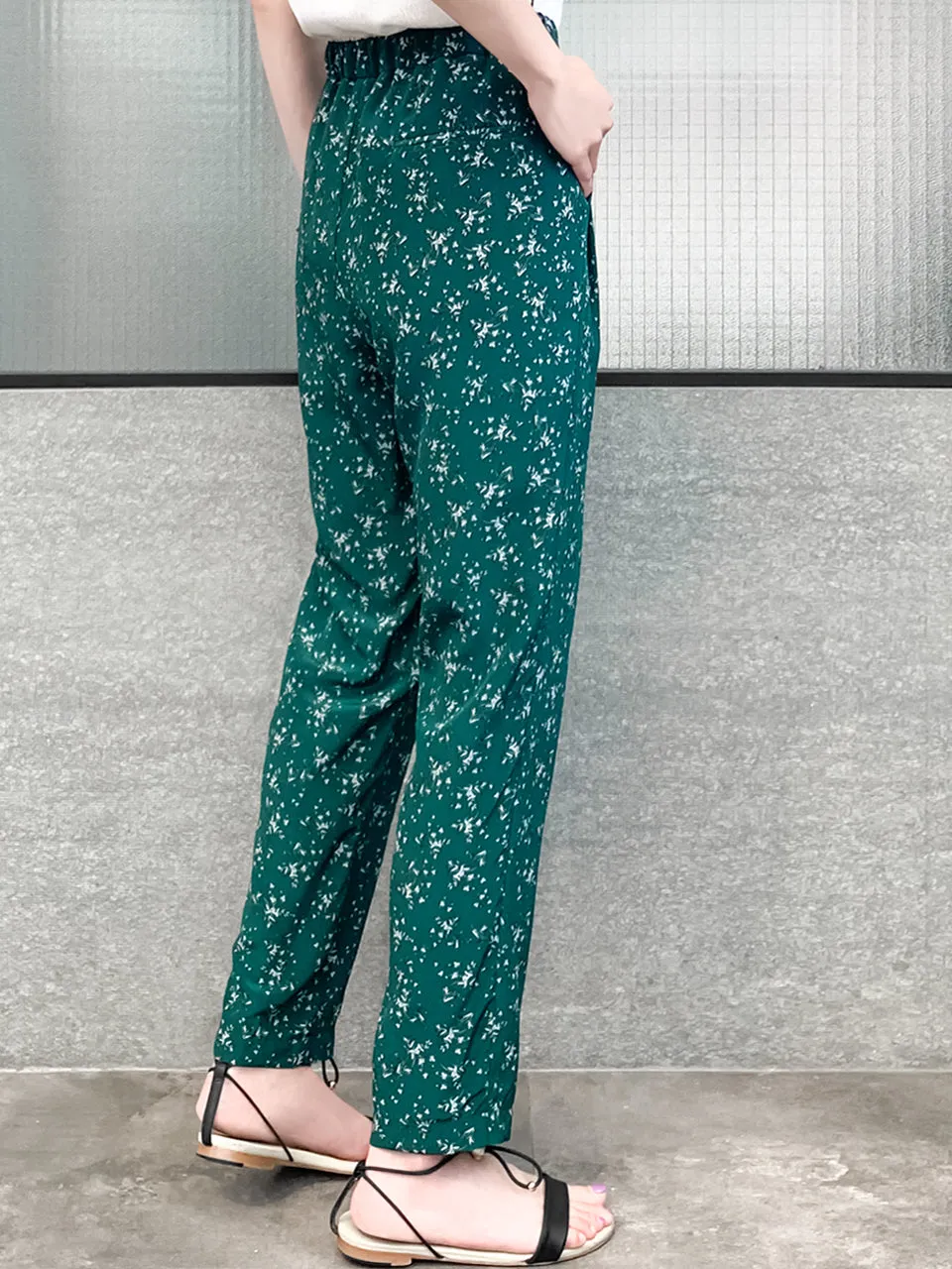 Last Chance! Green Floral Print Contrast Twist Waist Taper Trousers