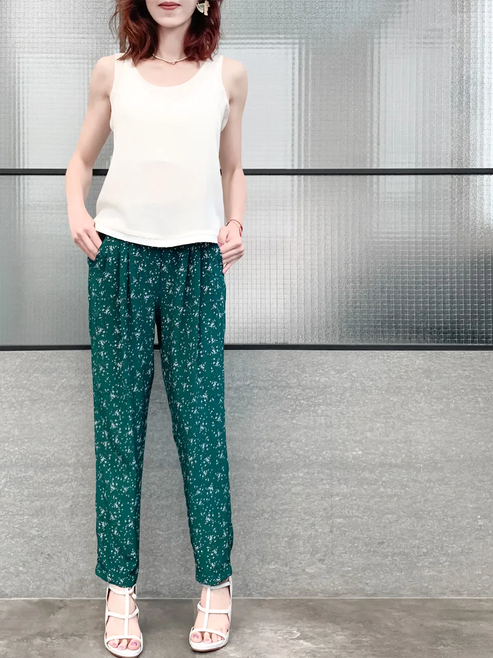 Last Chance! Green Floral Print Contrast Twist Waist Taper Trousers