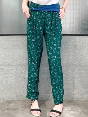 Last Chance! Green Floral Print Contrast Twist Waist Taper Trousers