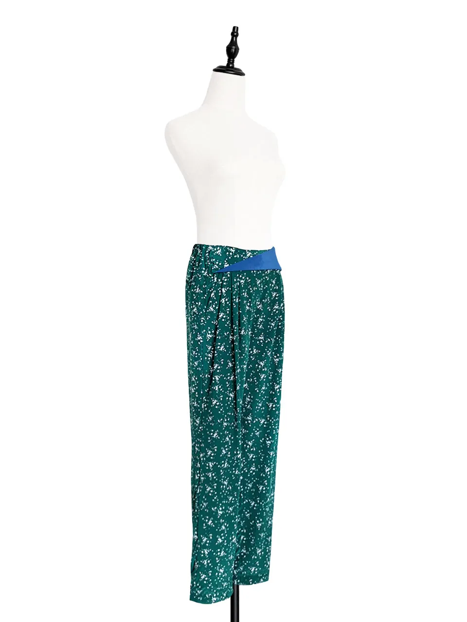 Last Chance! Green Floral Print Contrast Twist Waist Taper Trousers