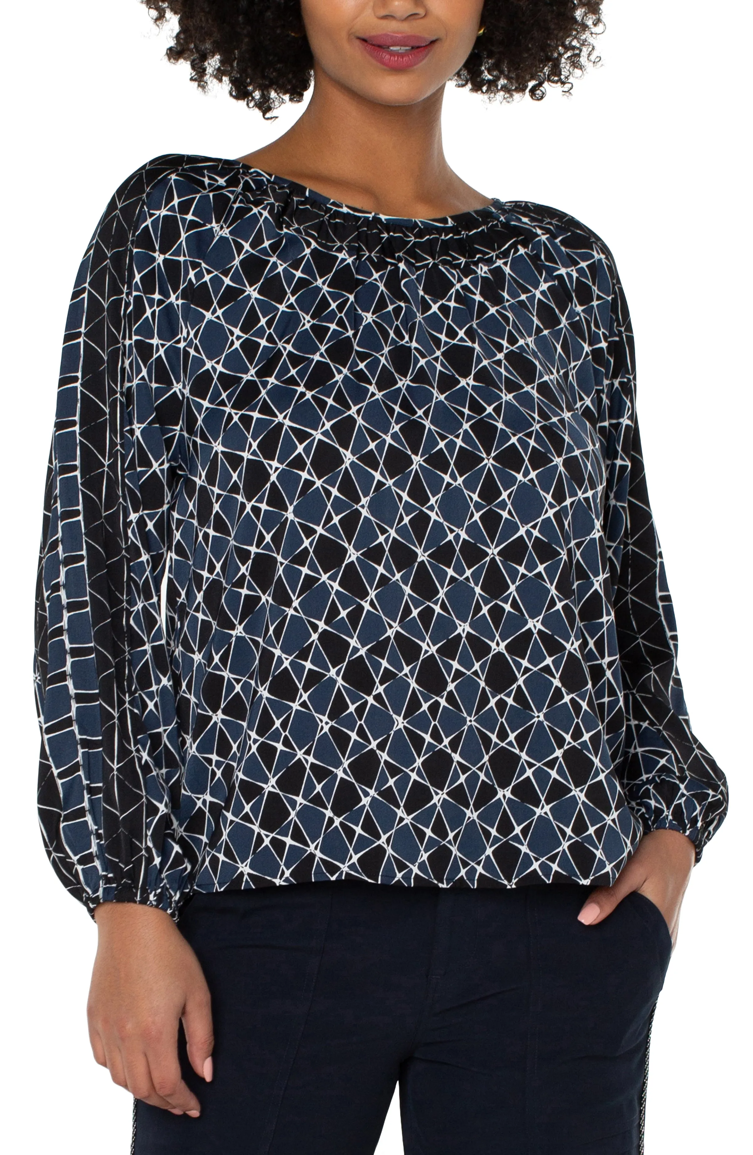 LONG SLEEVE SHIRRED WOVEN BLOUSE