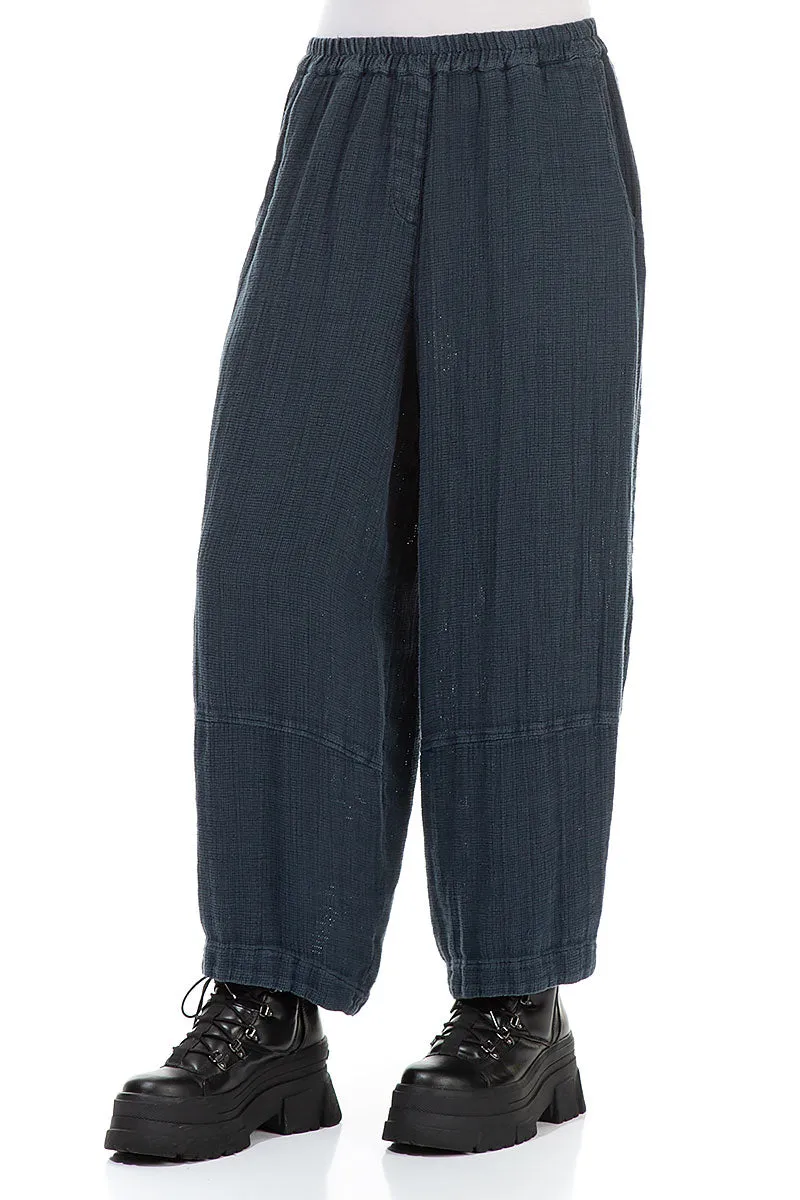 Loose Midnight Blue Textured Linen Trousers