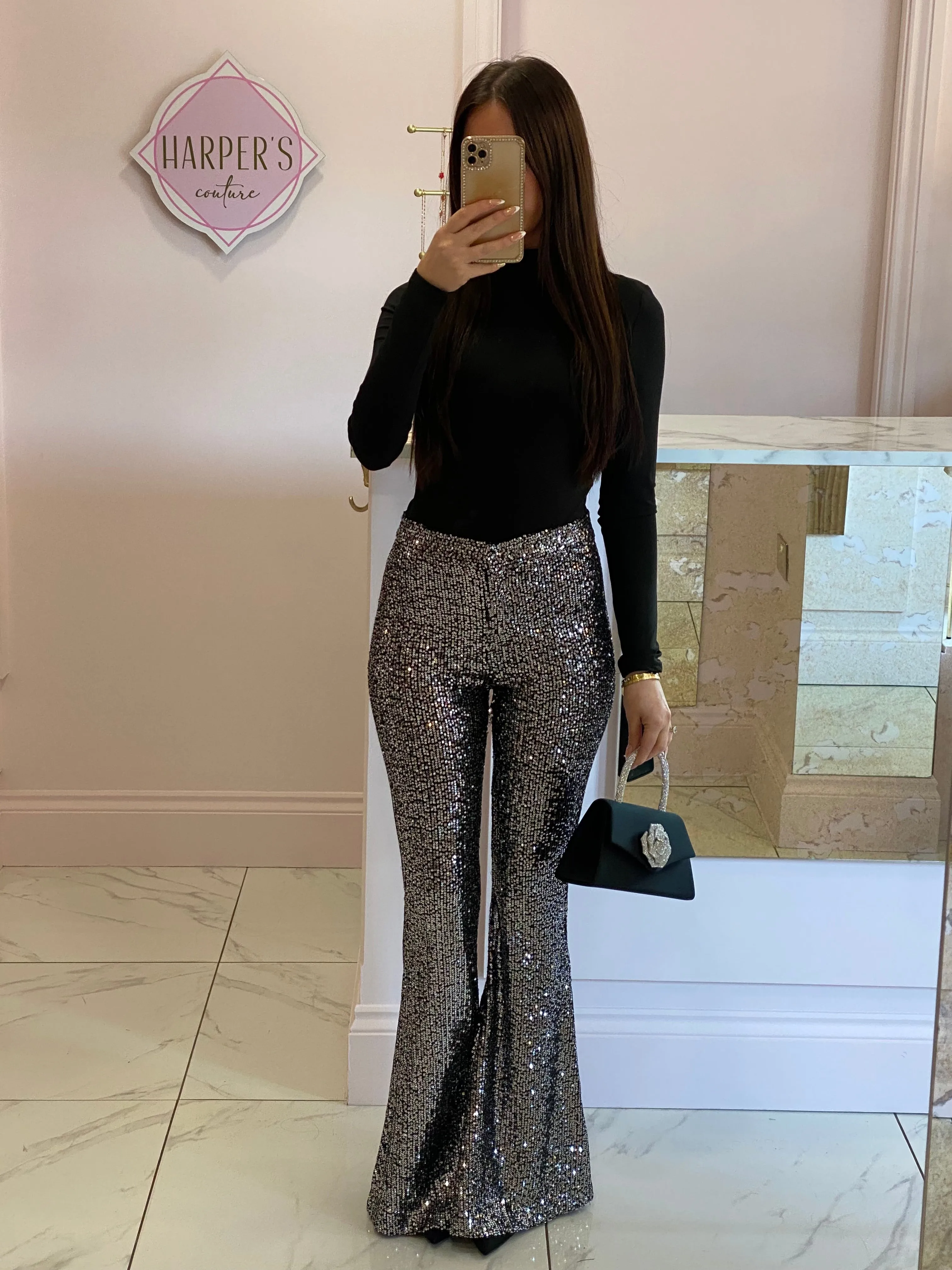 Lucy Black & Silver Sparkle Flare Trousers