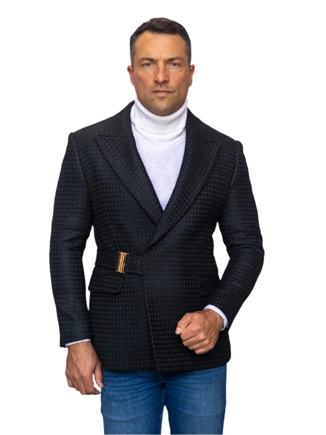 Men Black Double Breasted Balzer Jackets with Belt Causal Prom Slim Fit MZS-567