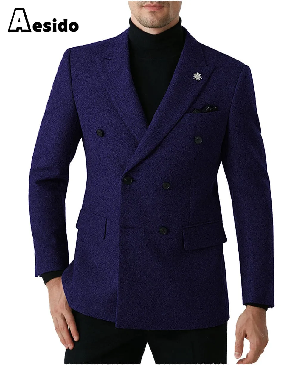 Men Double Button Notch Lapel Tweed Blazer