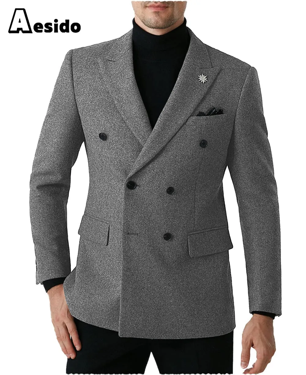 Men Double Button Notch Lapel Tweed Blazer