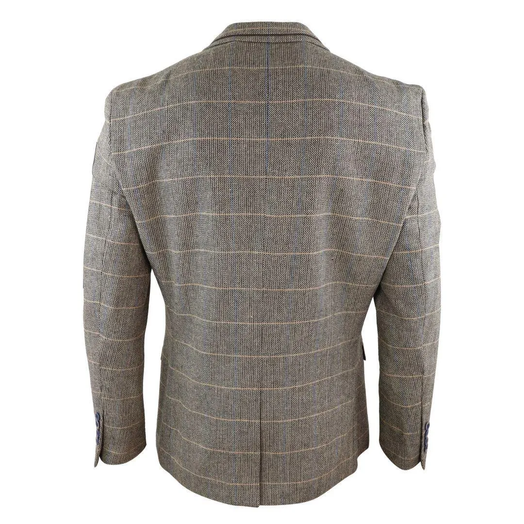 Mens Tweed Herringbone Check Grey Navy Brown Vintage Fit Blinders Blazer